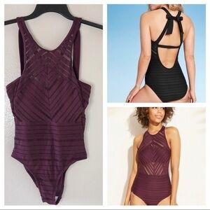Kona Sol™ Burgundy Crochet High Neck Swimsuit S